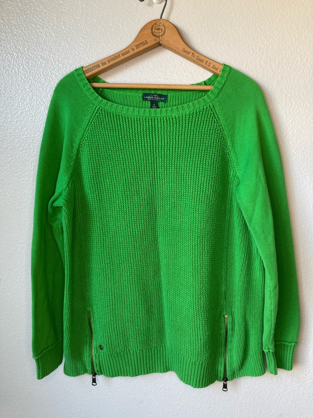 Vintage 90s Y2K LRL Lauren Jeans co zip detail Kelly green sweater ralph sz 1X